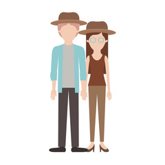 Wall Mural - faceless couple colorful silhouette and both with hat and pants and him with shirt and jacket and pants and shoes and her with blouse and heel shoes with long straight hair vector illustration