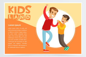 Little boy bullying by teenager, demonstration of school teenage bullying and aggression towards other child, kids land banner flat vector element for website or mobile app