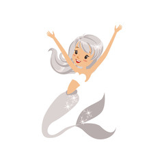 Sticker - Cheerful young girl with fish tail and shiny gray hair. Mermaid character swimming in underwater world. Marine life concept. Isolated flat vector illustration