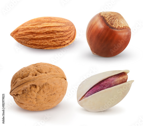 Nuts isolated on white. Collection. Almond, hazelnut,walnut, pistachio.