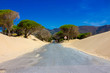 Road. White ocean sand, dunes. Punta Paloma beach, Tarifa, Spain.