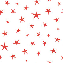 Hand Drawn Seamless Vector Pattern With Red Stars On A White Background. Design Concept For Christmas, Kids Textile Print, Wallpaper, Wrapping Paper.