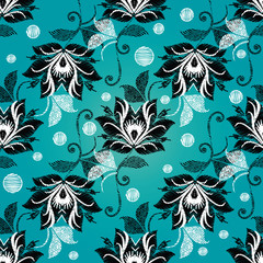 Floral vintage embroidery seamless pattern. Light blue vector background with tapesrty flowers, swirls, leaves, polka dots. Black white grunge ornaments. Embroidered design for wallpapers, fabric.