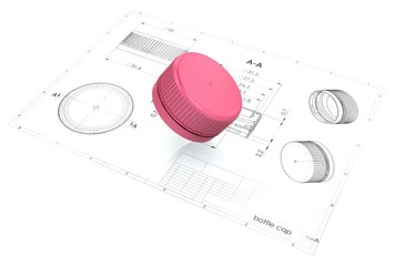 3d illustration of plastic bottle caps above engineering drawing