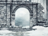 Ruiny zamkowej bramy pod śniegiem