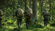 © Gorodenkoff - Squad of Five Fully Equipped Soldiers in Camouflage on a Reconnaissance Military Mission, Rifles in Firing Position. They're Moving in Formation Through Dense Forest. Back View Shot.