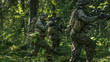 © Gorodenkoff - Squad of Fully Equipped Soldiers in Camouflage on a Reconnaissance Military Mission, Rifles in Firing Position. They're Running in Formation Through Dense Forest.