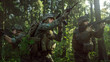 © Gorodenkoff - Fully Equipped Soldiers Wearing Camouflage Uniform Attacking Enemy, Rifles in Firing Position. Military Operation in Action, Squad Running in Formation Through Dense Forest. Side View Long Shot.