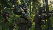 © Gorodenkoff - Fully Equipped Soldiers Wearing Camouflage Uniform Attacking Enemy, Rifles in Firing Position. Military Operation in Action, Squad Running in Formation Through Dense Forest. Side View Long Shot.