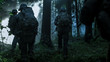 © Gorodenkoff - Fully Equipped Soldiers Wearing Camouflage Uniform Attacking Enemy, Rifles Ready to Shoot. Military Operation in Action, Squad Running in Formation Through Dark Dense Smokey Forest.