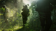© Gorodenkoff - Fully Equipped Soldiers Wearing Camouflage Uniform Attacking Enemy, Rifles Ready to Shoot. Military Operation in Action, Squad Running in Formation Through Dense Smokey Forest.