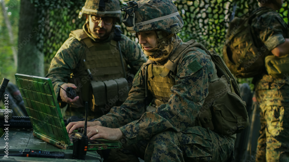 Reconnaissance Operations Military Staging Base, Officer Gives Orders to Chief Engineer, They Use ...