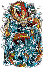 Japanese Water Dragon A Traditional Mythological Deity Creature In The Sea Or River Splashes. Tattoo Style Vector Illustration