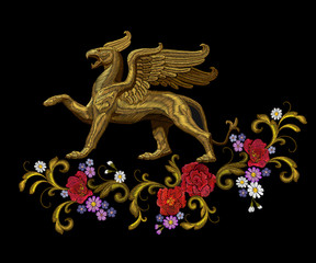 golden textured embroidery griffin textile patch design. fashion decoration ornament fabric print. g