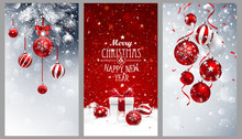 Christmas Banners Set With Fir Branches, Red Balls And Gifts