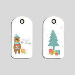 Canvas Print - Set of cute Christmas gift tags, cards with lettering Merry Christmas, animals, presets, tree and snowflakes.