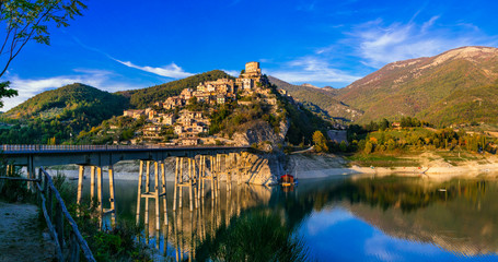 Sticker - Travel in Italy - beautiful medieval village Castel di Tora and scenic Turano lake.