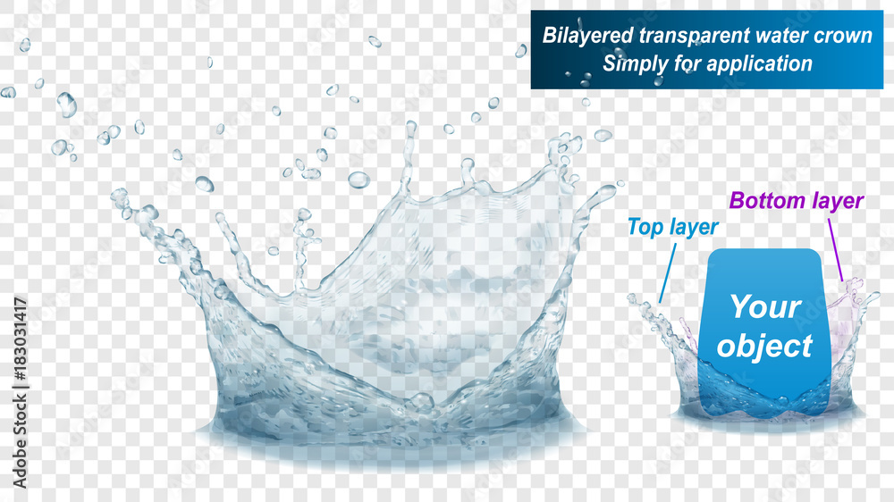 Translucent water splash crown consist of two layers: top and bottom. In gray colors, isolated on transparent background. Transparency only in vector file - obrazy, fototapety, plakaty 