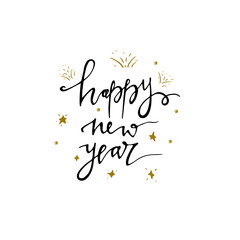 Happy new year postcard template. Modern lettering isolated on white background. Christmas card concept. Handwritten modern brush lettering for winter holidays.