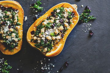 Stuffed Butternut Squash with kale, cranberries, quinoa, and chickpeas