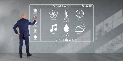 Poster - Businessman using smarthome interface on a wall 3D rendering