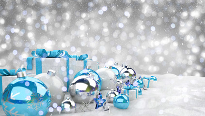 Wall Mural - Blue and white christmas gifts and baubles 3D rendering