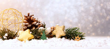 Christmas Background With Christmas Balls, Gifts And Decoration