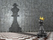 The concept of self-realization of self-development and career growth. A pawn with a crown that throws the shadow of a king's chess figure. 3d illustration.