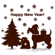 Symbol Of The Year, Brown Dog In Santa Claus Cap Holding A Bell In His Mouth, Cartoon On White Background,