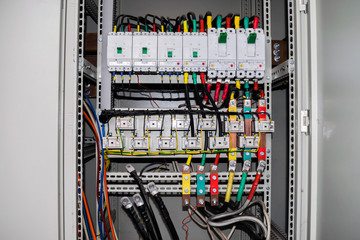 Wall Mural - The electrical box contains many terminals, relays, wires and switches