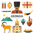 Georgia icons set. Vector collection of Georgian culture and symbols images, including Georgians Highlander, khinkali, khachapuri, Jug of Wine, Horn for Wine, dagger and flag.