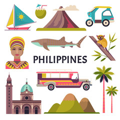 Wall Mural - philippines icons set. vector collection of philippine culture and nature images, including fort san