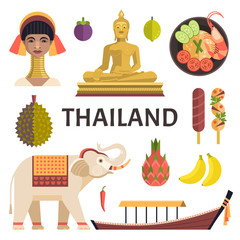 Wall Mural - Thailand icons collection. Vector illustration of objects of Thai culture, food and fruit in trendy flat style, isolated on white.