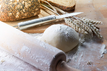 Baked goods, bread and rolls, cereals and flour at the table