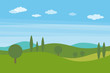 Vector flat landscape with green hills and trees and blue bright sky with clouds