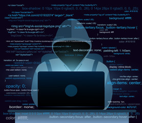 vector illustration of hacker with laptop, hacking the internet on dark blue background, computer se