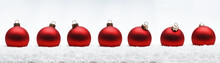 Christmas New Year Composition Balls  With Snow Line White Background Red Fir Tree Toy Concept Web Design Banner Panorama Ultra Wide