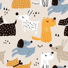 Childish Seamless Pattern With Hand Drawn Dogs. Trendy Scandinavian Vector Background. Perfect For Kids Apparel,fabric, Textile, Nursery Decoration,wrapping Paper