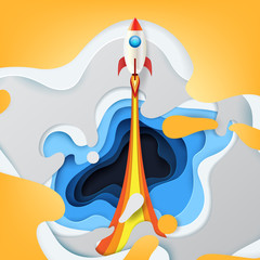 Wall Mural - business startup concept.rocket ship launch icon business strategy concept with paper art style.vect
