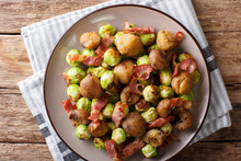 Delicious Appetizer: Roasted Chestnuts, Brussels Sprouts And Bacon Close-up. Horizontal Top View