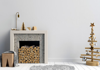 Wall Mural - Modern Christmas interior with a decorative fireplace, Scandinavian style. 3D illustration. wall mock up