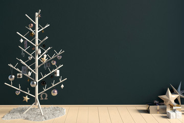 Wall Mural - Modern minimalistic Christmas interior, Scandinavian style. 3D illustration. wall mock up