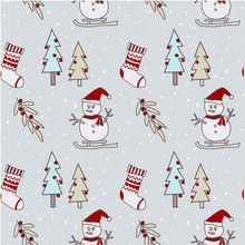 Christmas Seamless Pattern Leave, Christmas Tree, Snowman, Wool Sock, For Holly Jolly Celebration, Decorated Wallpaper Scrapbook Wrapping Paper For Season Greeting In Brown, Red And Brown Gray.