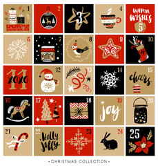 Christmas advent calendar. Hand drawn design elements and calligraphy. Handwritten modern brush lettering.