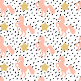 hand drawn seamless vector pattern background illustration with black confetti and pink unicorn and gold stars