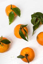 Fresh, Ripe, Organic Mandarin Oranges, Clementines Or Tangerines With Stems And Leaves Still Wet With Water Drops On White Wooden Background, Untreated Mandarines With Little Blemishes, Freshly Picked