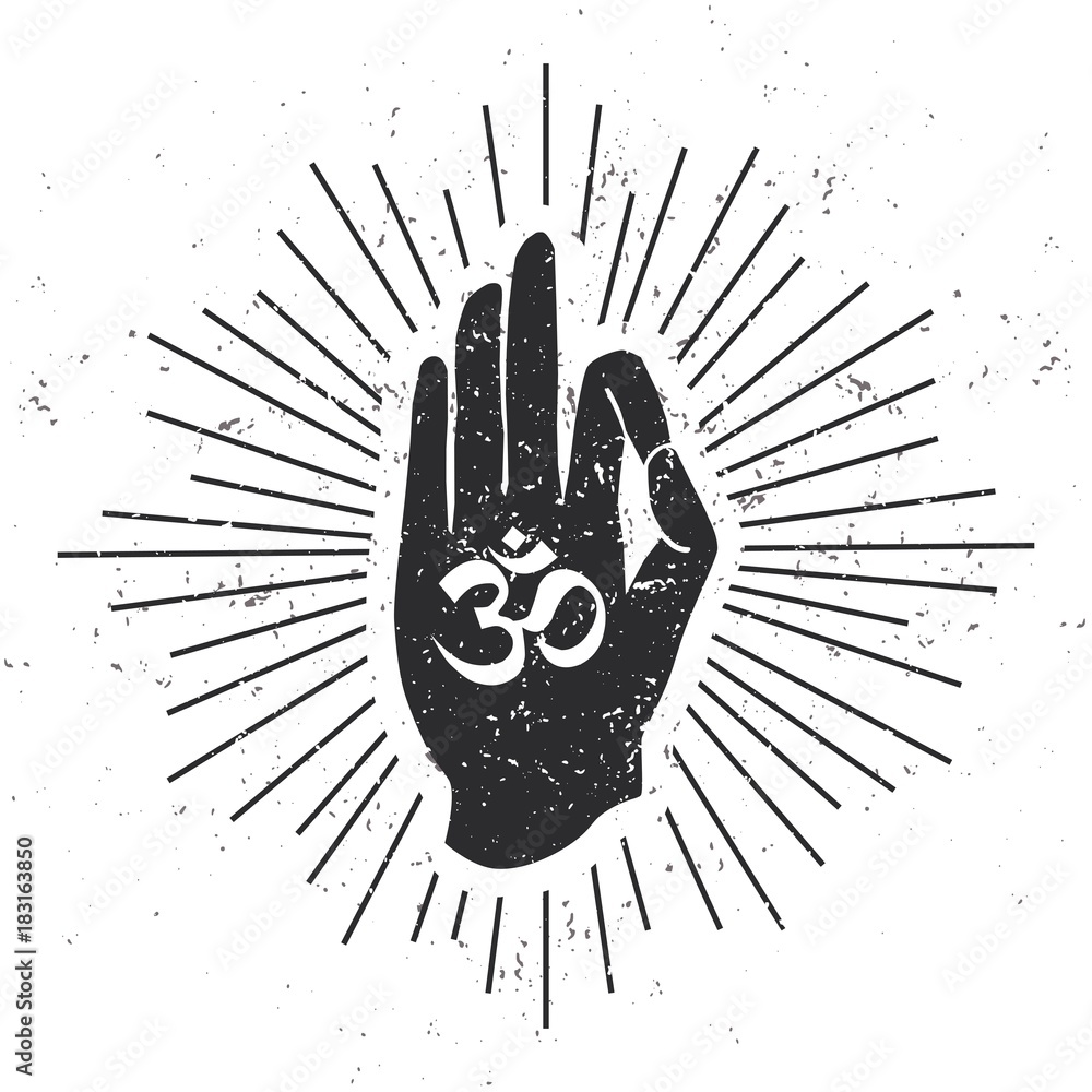 Vector illustration with hand in meditating pose with Om symbol scroll and sunburst on white background with grunge texture. Buddhism, hinduism and yoga concept for print, card, poster or flyer design - obrazy, fototapety, plakaty 