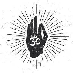 Vector illustration with hand in meditating pose with Om symbol scroll and sunburst on white background with grunge texture. Buddhism, hinduism and yoga concept for print, card, poster or flyer design