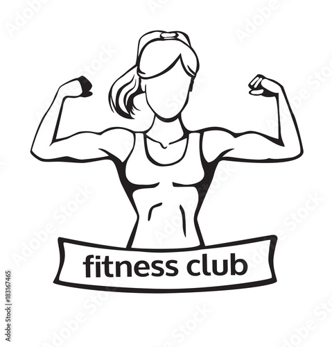 Plakat Ilustracja wektorowa z silną kobietą robi skręt bicepsa. Szablon logo klubu fitness z miejscem na Twoje imię lub napis. Grafika liniowa na białym tle.