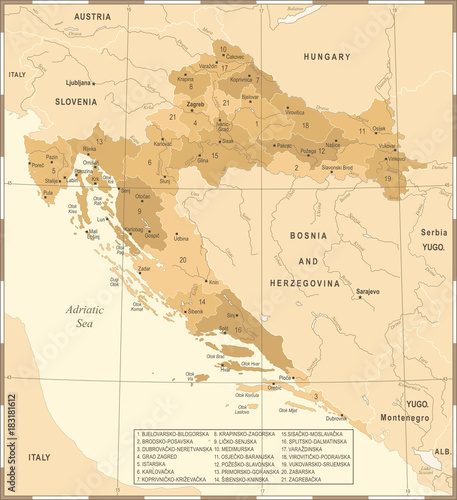 Fotografía Croatia Map - Vintage Detailed Vector Illustration
